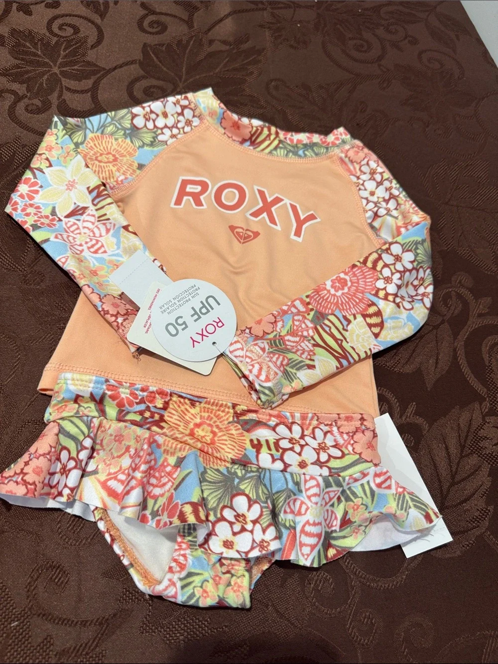 Roxy Girls' Peach Floral Long-Sleeve Rashguard Set